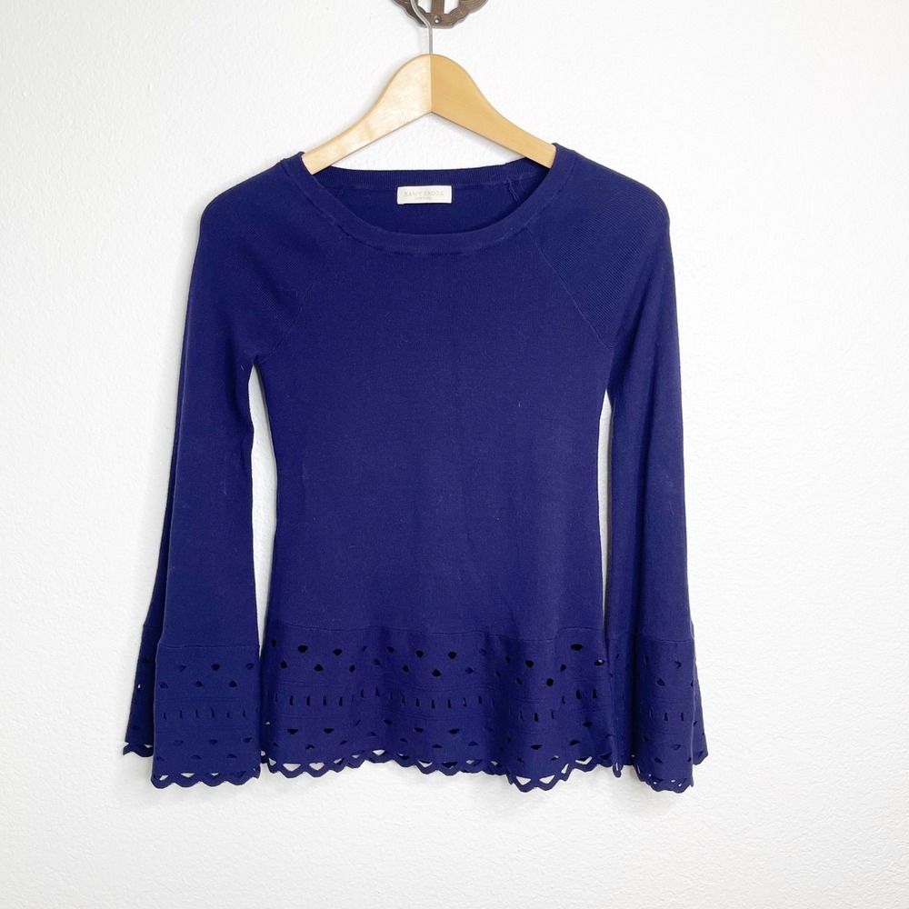 Ramy Brook Navy Blue Bell Sleeve Eyelet Scalloped Knit Top Crew Neck